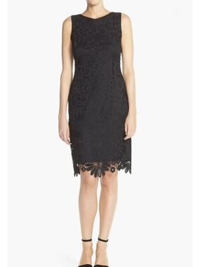 CHETTA B Black Floral Guipure Lace Sleeveless Sheath Dress 8 Boho Cocktail Daisy
